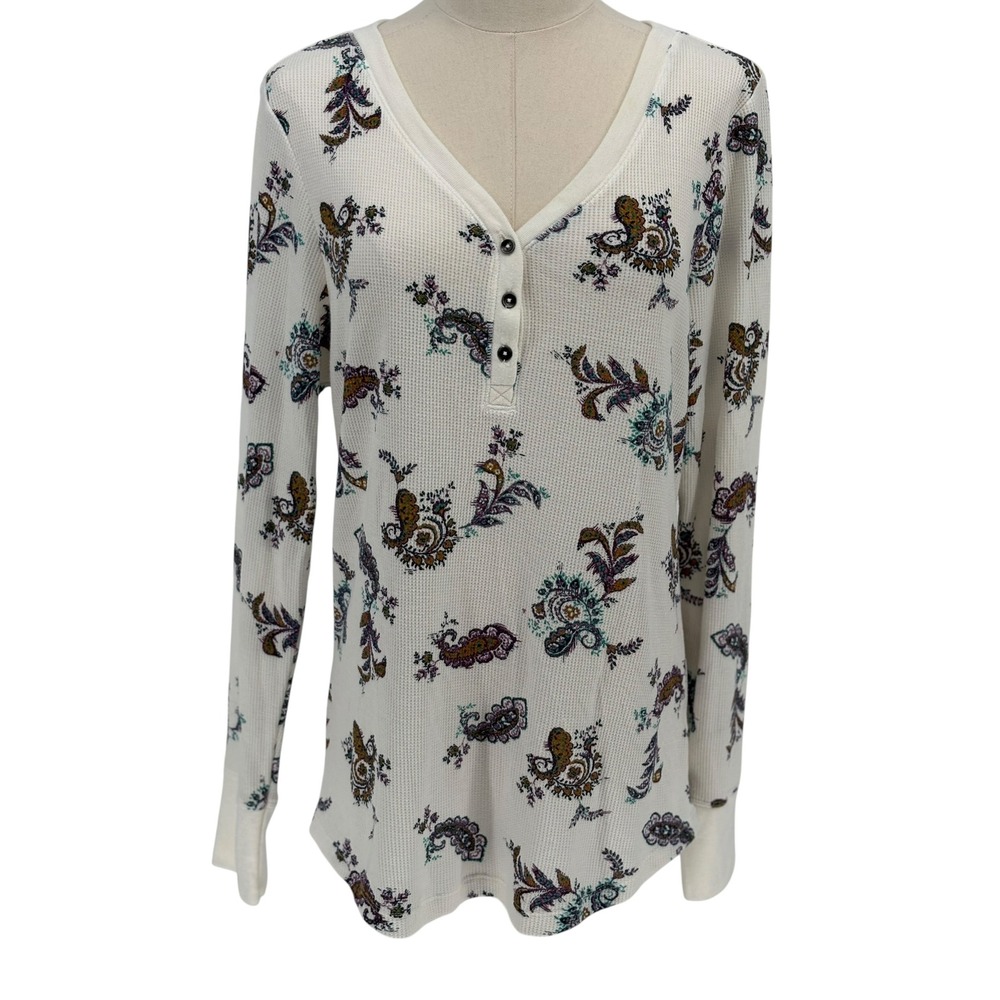 Time and Tru Henley Top Ivory Paisley Floral Waffle Knit Thermal Large 12-14